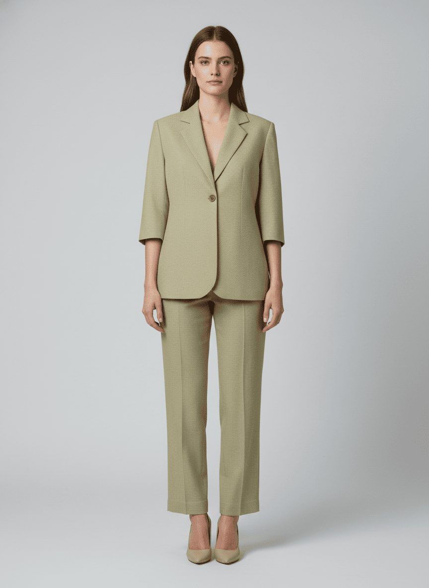 A quarter-sleeve blazer co-ord set from our catalogue, worn